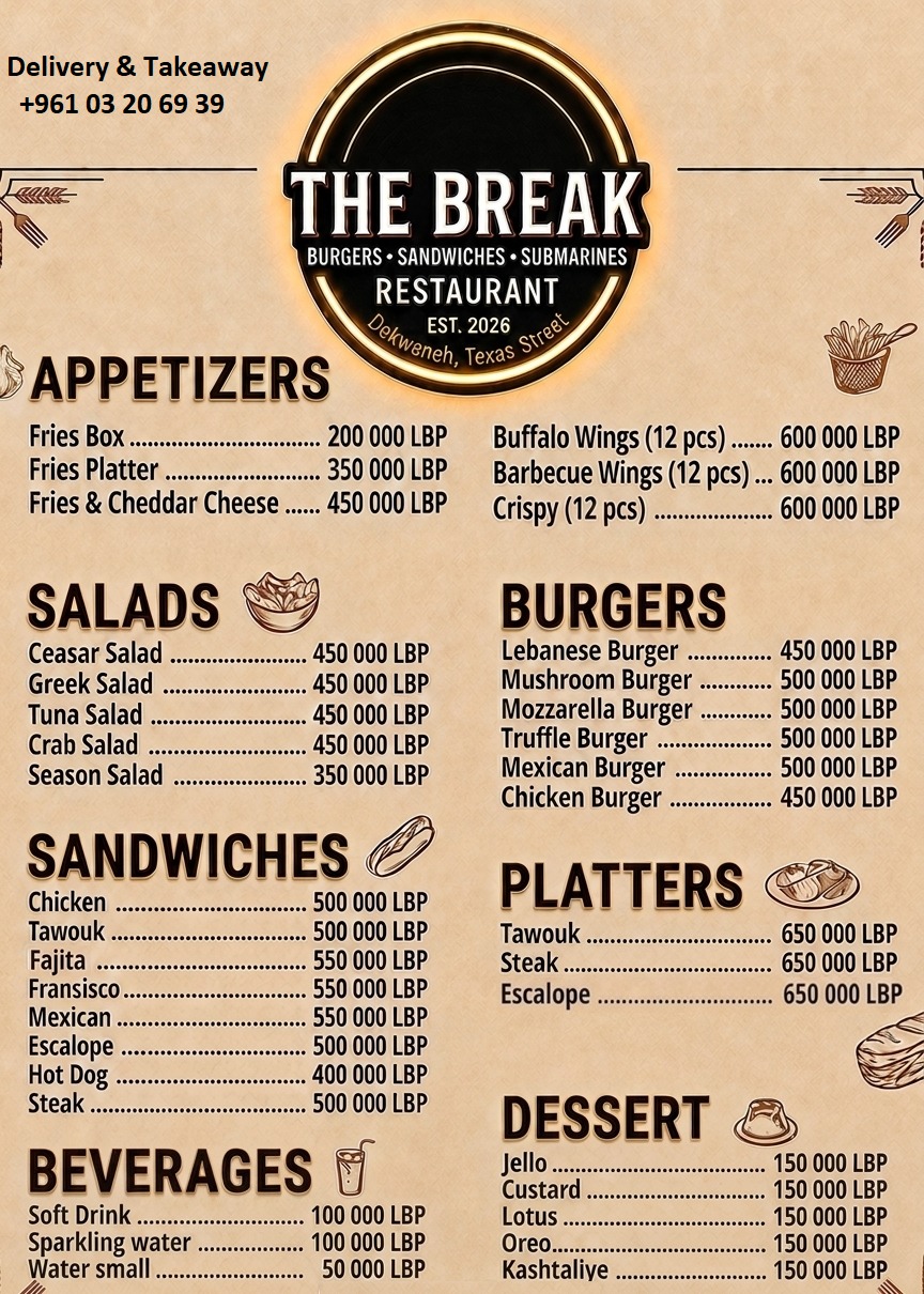 The Break printed menu